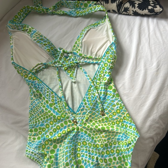 Ladies One piece bathing suit. Turquoise and green print. Size Medium. - Picture 2 of 2